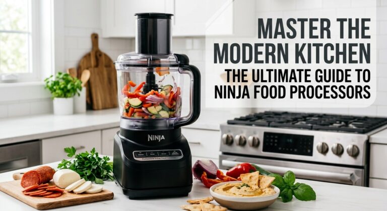A black Ninja food processor on a bright kitchen counter filled with sliced fresh vegetables, surrounded by mozzarella, pepperoni, and a bowl of hummus.