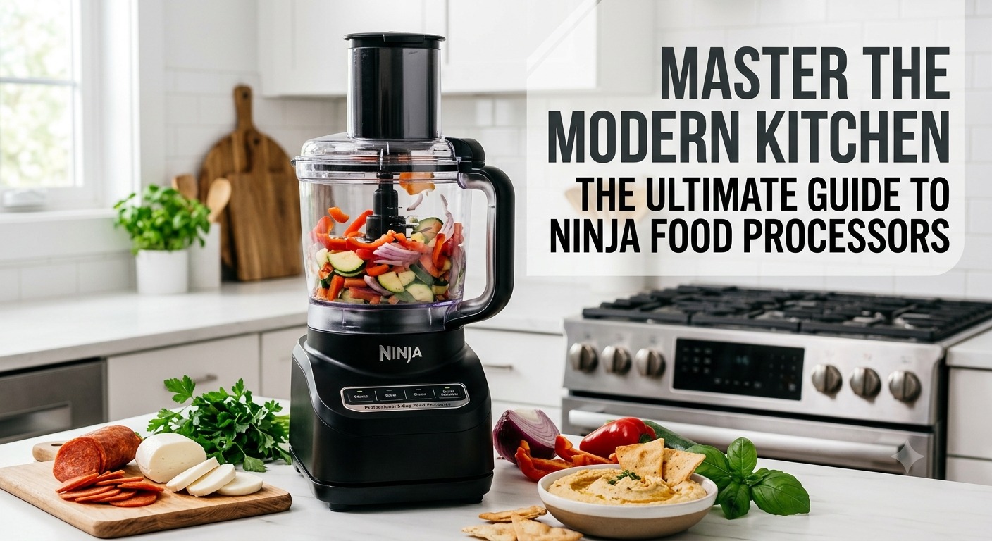 A black Ninja food processor on a bright kitchen counter filled with sliced fresh vegetables, surrounded by mozzarella, pepperoni, and a bowl of hummus.