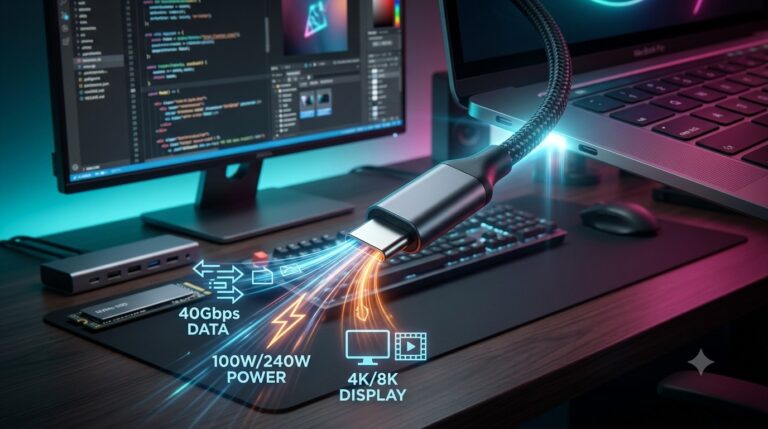 A high-tech USB Type-C cable hovering over a dark workstation desk, emitting glowing light streams that demonstrate 40Gbps Data, 100W/240W Power, and 4K/8K Display capabilities.