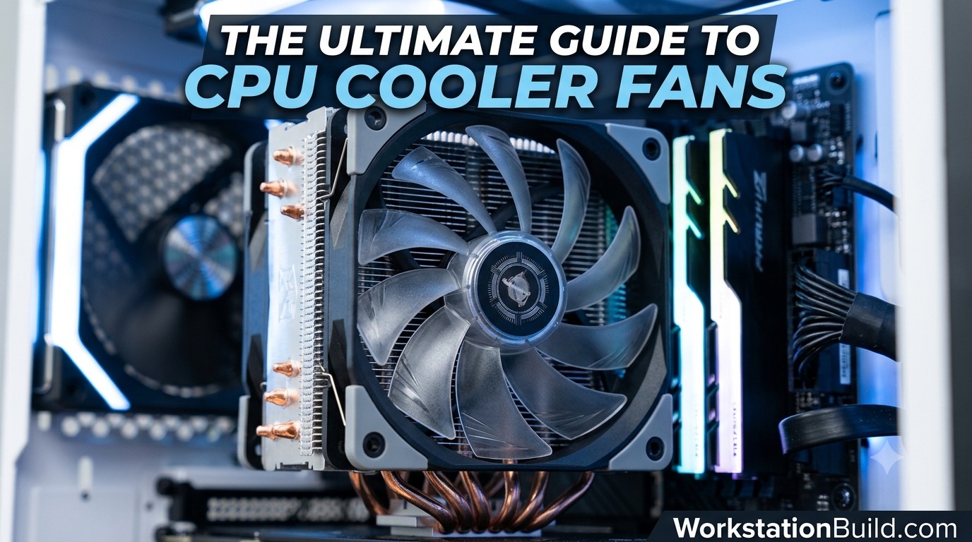 A close-up view of a custom PC interior showing a large CPU air cooler, glowing RGB RAM, and title text.