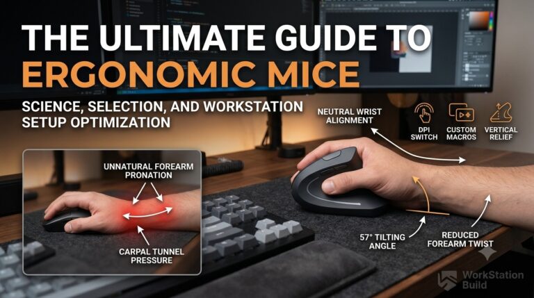 Side-by-side visual comparison of a traditional flat mouse vs a 57-degree vertical ergonomic mouse showing wrist alignment and forearm pronation on a dark workstation desk setup.