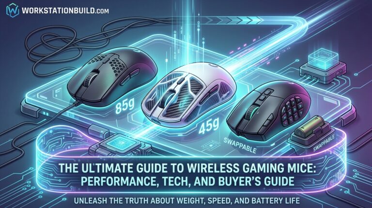 Three high-performance wireless gaming mice displayed on an illuminated blue circuit board desk mat with weight and battery specifications.